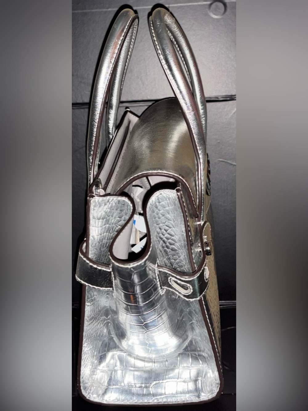 Michael Kors Metallic Silver Croc-Embossed Satchel 8x11 - Picture 9 of 13
